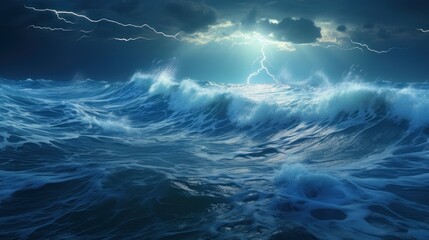 Bright lightning strike over sea tide in a thunderstorm at night. - obrazy, fototapety, plakaty