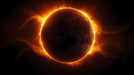 Detailed illustration of a solar eclipse with the corona visible around the dark sun