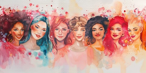 Diverse multiracial and multigenerational women celebrating friendship in watercolor style. 

 - obrazy, fototapety, plakaty