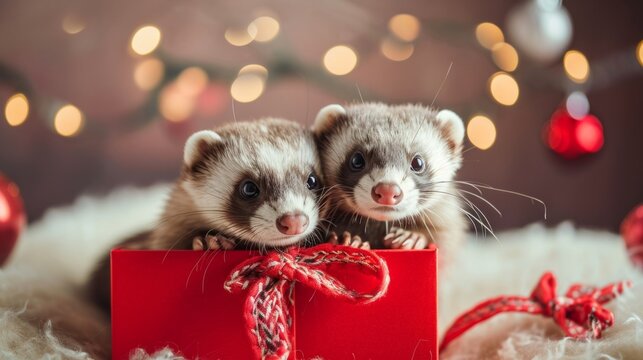 A couple of ferrets peeking into a gift box generative ai