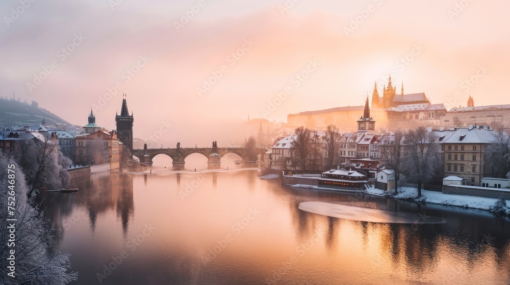 Wall mural Charles bridghe with beautiful historical buildings at sunrise in winter in Prague city in Czech Republic in Europe.