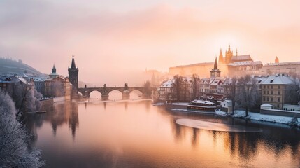 Obraz premium Charles bridghe with beautiful historical buildings at sunrise in winter in Prague city in Czech Republic in Europe.