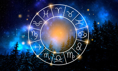 Zodiac wheel showing 12 signs against night sky