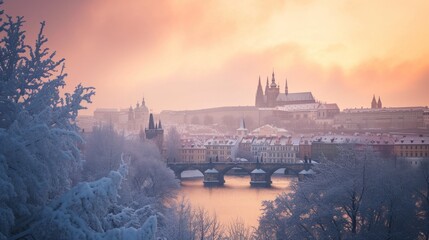 Charles bridghe with beautiful historical buildings at sunrise in winter in Prague city in Czech...