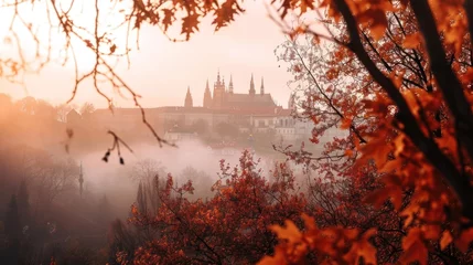 Poster Autumn foliage with beautiful historical buildings of Prague city in Czech Republic in Europe. © rabbit75_fot