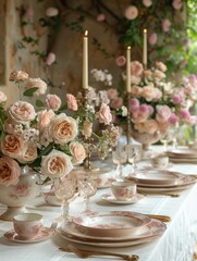 Spring garden party, blooming flowers, elegant outdoor dining setup, cheerful atmosphere