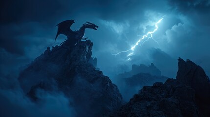 A dragon stand resting on top of a mountain with lightning bolt. - obrazy, fototapety, plakaty