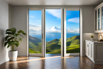 Obraz premium abstract interior of a rural house room with beautiful window view. High quality illustration