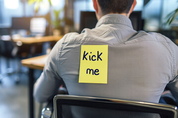 April fools prank concept, sticky note attached to a persons back