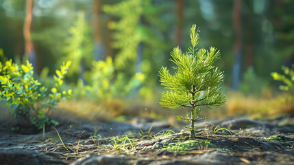 Planting new trees, planting new trees in an open area of a mountain. conifer trees, World Tree...