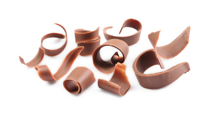 Many delicious chocolate shavings isolated on white