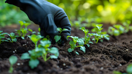 A farmer or gardener diligently planting young plants into the soil, symbolizing the onset of spring and the start of garden work. - obrazy, fototapety, plakaty