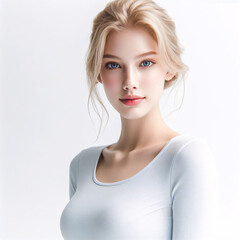A beautiful young blonde woman on a white background