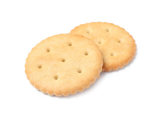 Two crispy crackers isolated on white. Delicious snack