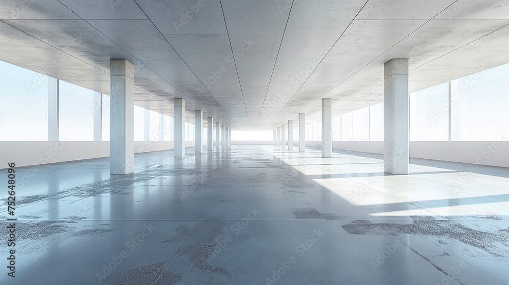 Poster empty concrete floor for car park. 3d rendering of abstract white building with clear sky background
