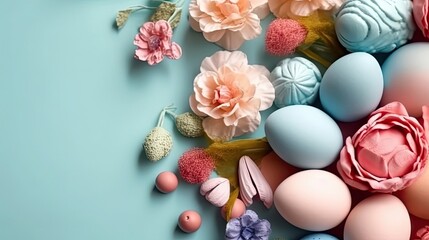 Top View of Happy Easter Day banner concept design of colorful eggs and plants on pastel background