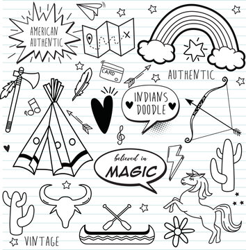 Native americans set with hand drawn indian tent and traditional patterns isolated vector illustration
