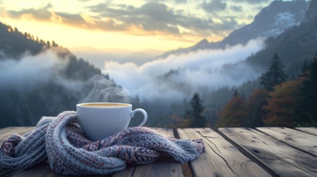 Close-up view of a cup of coffee on table with sunrise over mountain ridge with fog.