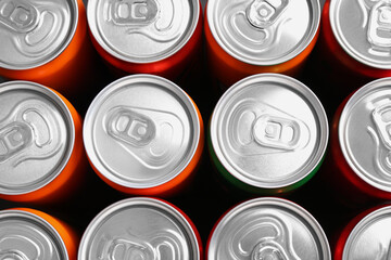 Energy drink in cans, top view. Functional beverage