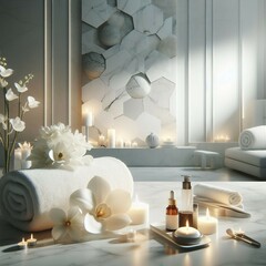 A minimalist luxury spa resort concept filled with light, accented by white flowers and candlelight, with ample space for advertising text on the white marble surface