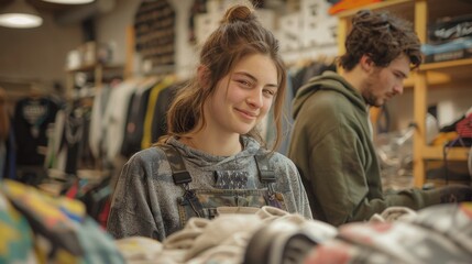 Obraz premium At the Upcycling fashion workshop, people craft chic garments using recycled materials, emphasizing sustainability and creativity.