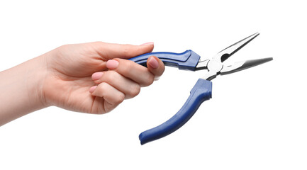 Woman with needle nose pliers on white background, closeup