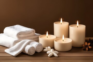 Fototapeta na wymiar Spa background with copy space for text. On a Brown background there are white towels, aroma candles and kami for a relaxing massage and white archaea. copy space.