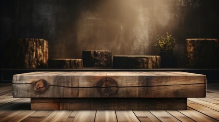 Wood podium product stand or display with cinematic light and cinematic background