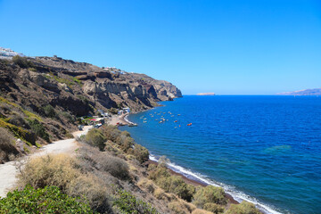 Road leading down to caldera beach, the only sand beach on the caldera side of the island of Santorini