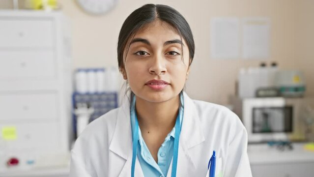 Hilarious snapshot, happy young indian woman, tongue sticking out, pulling a funny face in labcoat at laboratory work