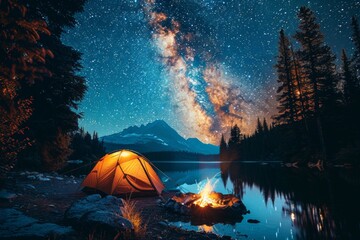 Wilderness camping adventure, tent set up under a star-filled sky, friends gathered around a campfire. - obrazy, fototapety, plakaty