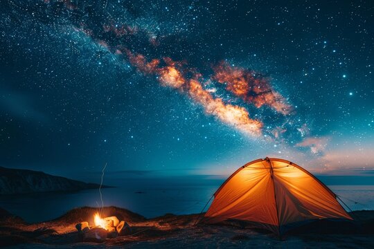 Wilderness camping adventure: tent pitched under a starry night, friends around a campfire.