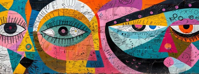 Striking street mural featuring detailed eyes and lips in a collage of bold, saturated colors.