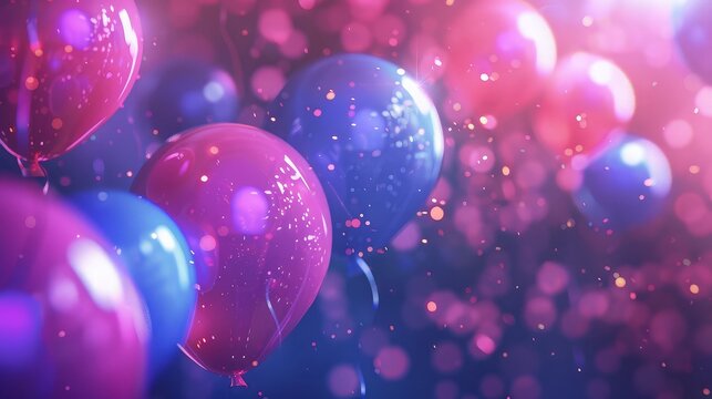 Balloon Bonanza: Vibrant Blue and Pink Background Adorned with Confetti and Glowing Particle Accents