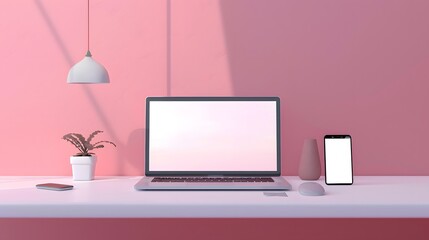 Modern personal computer with blank white screen, keyboard, mobile phone and office accessories on desk at workplace of graphic designer, blogger. Electronic devices, technology and creativity