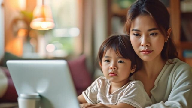 Asian mothers who are trying to work from home and raise their children at the same time are stressed about finances and working with their children at home.	
