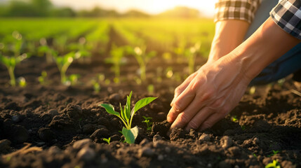 Farmer or gardener planting young plants into soil. The concept of spring and the beginning of work...