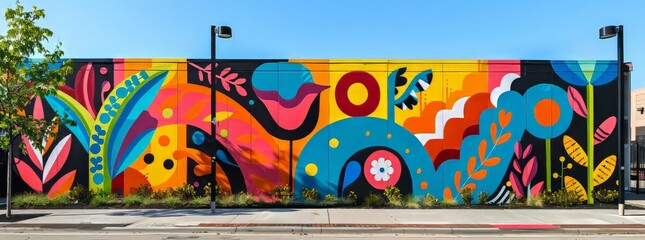 Whimsical and vibrant street art mural with abstract patterns and playful shapes on a city sidewalk.