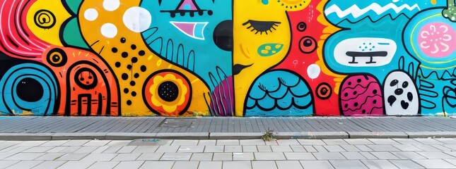Whimsical and vibrant street art mural with abstract patterns and playful shapes on a city sidewalk.