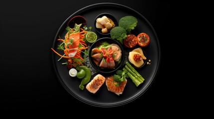 Salmon Sashimi with Vegetables on Black Plate Isolated on Black Background