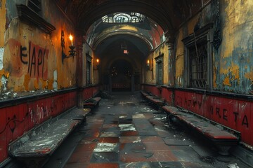 An eerie and dark atmosphere inside an old, decaying building.