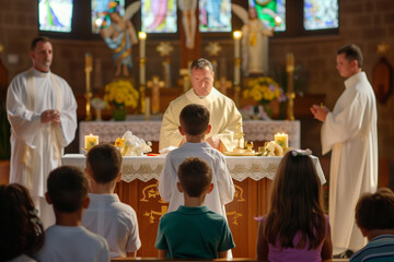 Priest at the altar in front of children going to communion in a Christian church - obrazy, fototapety, plakaty