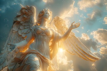 An exquisite white angel statue with large wings that shine dazzlingly in the sunlight. - obrazy, fototapety, plakaty