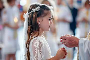 Girl receiving the body of Christ from the hands of a Christian priest in a church full of believers on her communion day