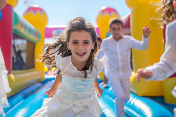 Children jumping on a bouncy castle, enjoying their communion day with friends and white dresses