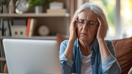 Senior woman suffering from migraine pain generative ai