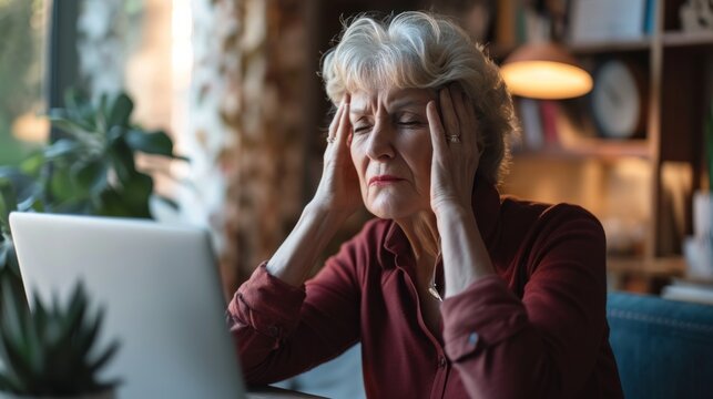 Senior woman suffering from migraine pain generative ai