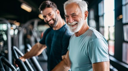 Fototapeta na wymiar smiling senior man training with the help of a personal trainer in the gym generative ai
