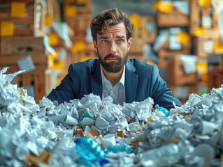 Businessman at pristine desk surrounded by overflowing recycling bins of crumpled paper and crushed plastic bottles, exasperated expression as he navigates excess corporate waste. - obrazy, fototapety, plakaty