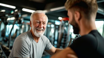 smiling senior man training with the help of a personal trainer in the gym generative ai